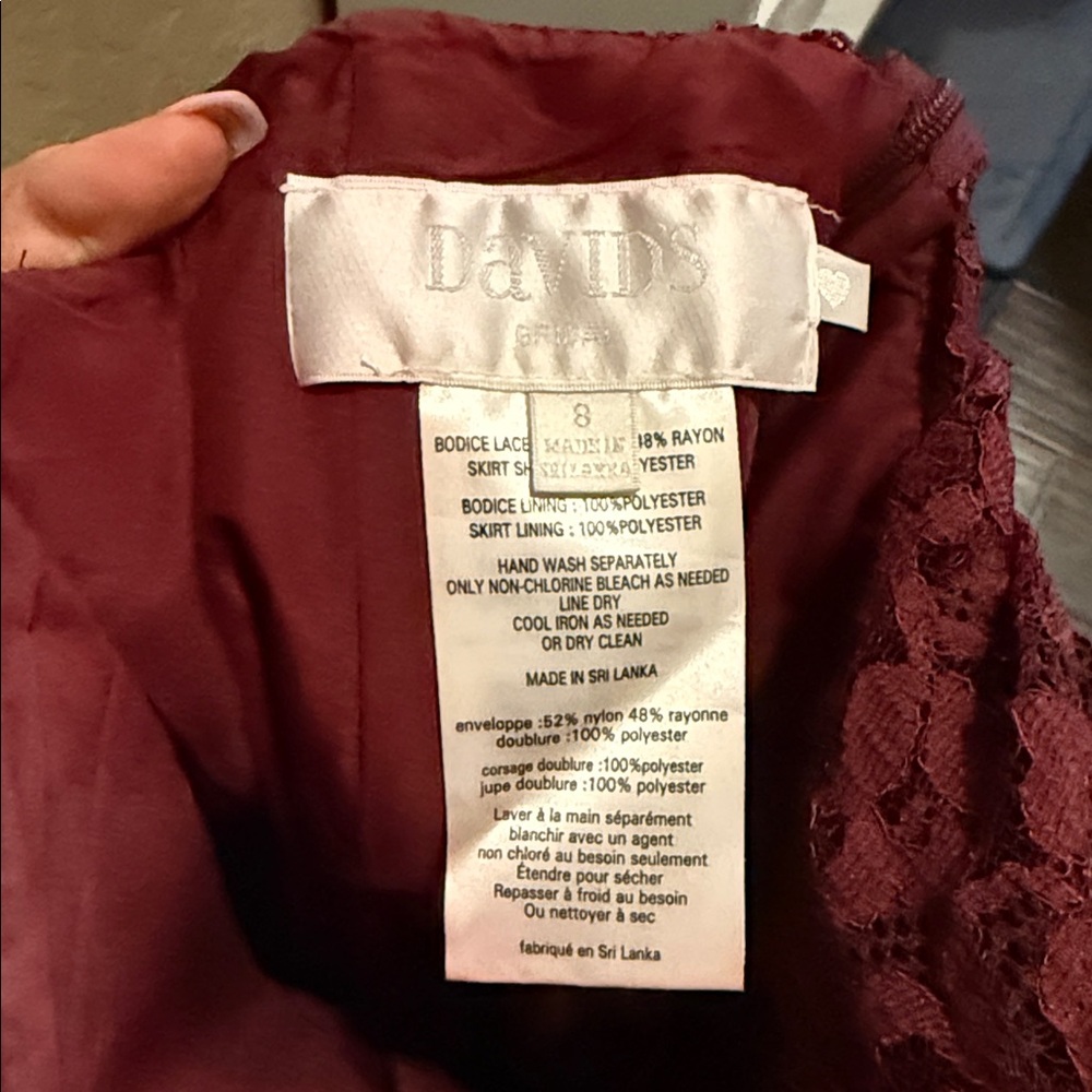 David's Bridal One-Shoulder Lace Dress in Burgundy - Picture 2 of 6